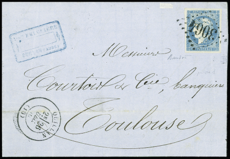 N°44B, 20c bleu report 2 + T17 "Quillan (10)" (26 dec 70) sur lettre pour Toulouse, sup, cote 1500€