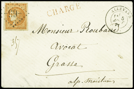 N°48 obl GC 65 + T17 "Allevard (37)" (5 aout 71) seul sur lettre chargée pour Grasse. RR et sup