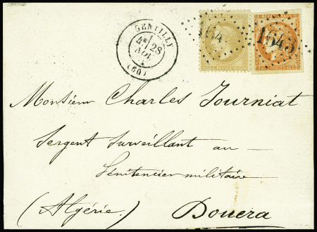 N°28 + 48 obl GC 5082 + T17 "Gentilly (60)" (nov 71) sur lettre pour Douera (Algérie) AFF à 50c (papier d'affaires jusqu'à 150 grammes), RR et sup