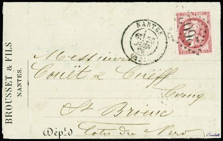 N°49, 80c rose, obl GC 2602 + T17 Nantes (20 juin 1871) seul sur lettre du 3ème échelon pour Saint Brieuc, sup