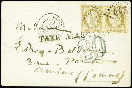 N°36 en paire obl GC 445 + T17 "Paris Bercy" (23 fev 71) sur lettre pour Amiens avec griffe noire "taxe allemande" (62mm) et taxe allemande 20 double-trait
