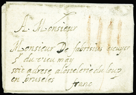 Lettre en port payé de Lille pour Bruxelles avec taxe de 4 patards matérialisée par 4 traits verticaux à la craie rouge, ind 22. TB