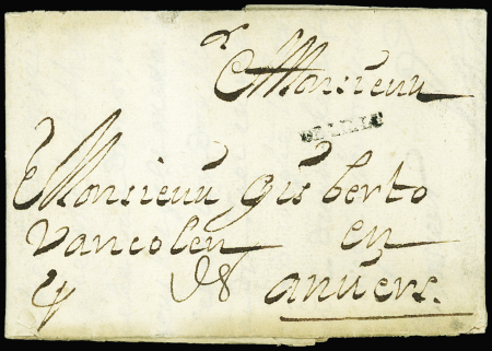 Lettre en port dû du 30 aout 1695 pour Anvers avec petite marque "De Lille" (Lenain n°2), ind 25. TB