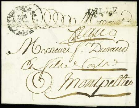 Lettre du 29 mars 1771 pour Montpellier avec marque ornée d'une fleur de lys "Port payé de Lille" (généralement floue, précise Louis Lenain)