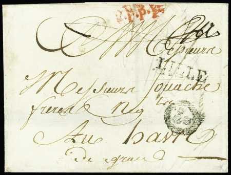 Lettre à destination du Havre avec petite marque ronde ornée de 3 fleurs de lys "port payé de Lille" (L n°29), ind 30. RR