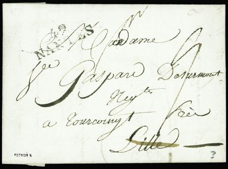 Lettre en port dû de Nantes pour Lille réexpédiée à Tourcoing avec au verso MP "DEB Lille", signé V.Pothion, ind 19. TB