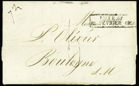 lettre pour Boulogne-s-Mer avec cachet rect d'essai "Lille 57 16 février 1828", ind 23. TB