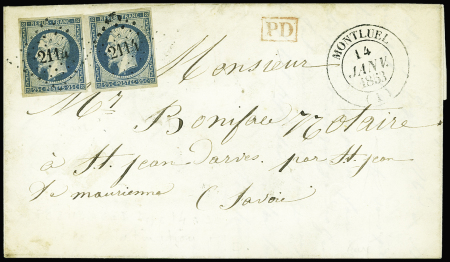 N°10 25c bleu, 2 ex. obl. PC 2114 s. LAC, càd T14 MONTLUEL 14/1/53, arr. càd Sarde St JEAN de MAURe 15/1, RR et TTB