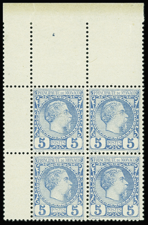 N°3 5c bleu en bloc de 4, coin de feuille, neuf  **,