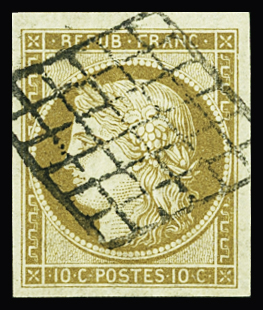 N°1 10c bistre-jaune obl. grille, TTB. Signé Calves