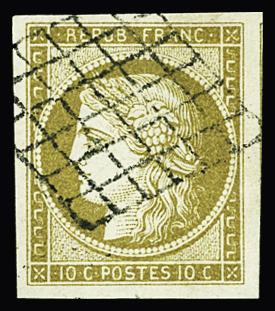 N°1 10c bistre-jaune obl. grille, 1 voisin, TTB. Signé