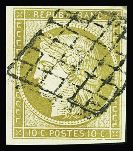 N°1 10c bistre-jaune obl. grille, TTB. Signé