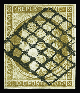 N°1a 10c bistre-brun obl. grille, TTB. Signé