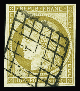 N°1 10c bistre-jaune obl. grille, TTB. Signé JF.Brun