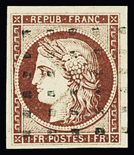 N°6 1f carmin, obl. gros points, TTB