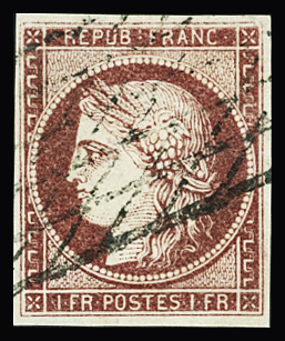 N°6 1f carmin, obl. grille sans fin, TTB