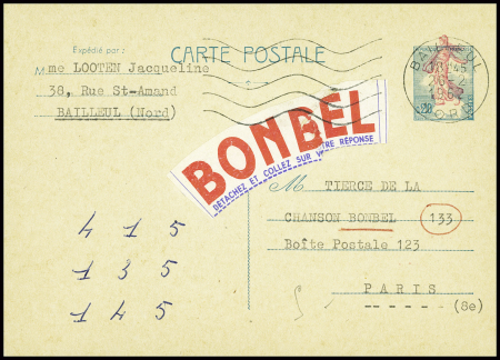 Carte postale 0,20 semeuse lignée de Piel avec teinte déplacée (Sep A1d) obl. TB
