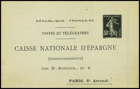 Pneu caisse d'Epargne avec réponse 30c + 30c noir semeuse camée (SEC L4 - date 191) neuf. TB