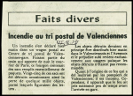 Lettre brulée du Togo (7.12.79) pour Denain avec mot d'excuses des PTT du Nord "A la suite d'un incendie survenu dans un wagon transportant le courrier" + coupure de presse relative à l'incendie d'un wagon poste Paris Va