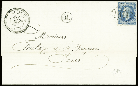 N°29 obl GC 1167 + T24 "Couleuvre (3)" (1869) + "OL" pointillé sur lettre, ind 14. TB