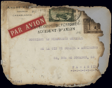 3 oct 1928 accident de Gérone (Espagne) piloté René Marsac - env brûlée AFF Maroc n°116 + PA5 avec griffe noire "Enveloppe détériorée accident d'avion" (Nierinck n°281004A). Documentation jointe. TB