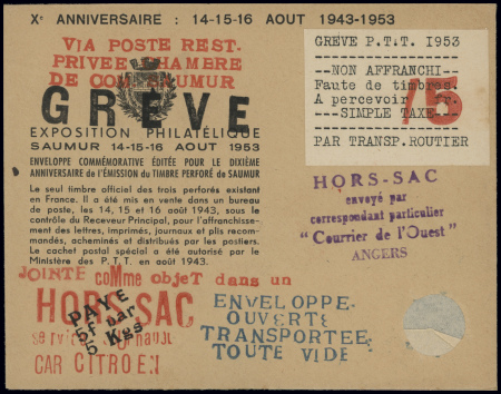 Lettre avec 2 timbres de grève de Saumur (aout 1953) et diverses griffes et étiquettes au recto et au verso. TB