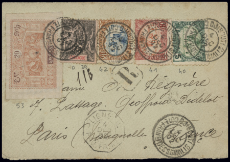 Obock n°39 + 53 en mixte avec Côte des Somalis n°40 à 42 obl Djibouti (1952) sur lettre recommandée pour Paris. TB