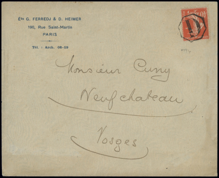 Semeuse camée : n°194 obl CAD octogonal de brigade d'ambulant de jour "D" sur lettre de Paris pour Neufchateau Vosges. TB