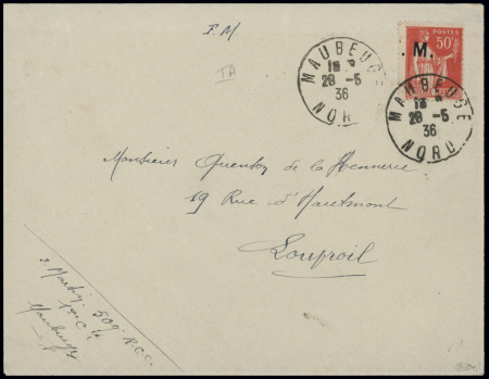 N°7, 50c Paix rouge avec surcharge "FM" très décalée