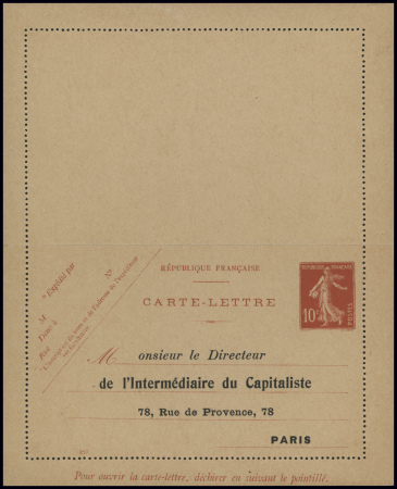 3 entiers cartes lettres neuves 10c semeuse camée rouge avec repiquages "L'Intermédiaire du Capitaliste - la Revue française et La Fraternelle - Parisienne. TB