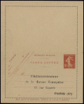 3 entiers cartes lettres neuves 10c semeuse camée rouge avec repiquages "L'Intermédiaire du Capitaliste - la Revue française et La Fraternelle - Parisienne. TB