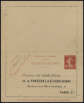 3 entiers cartes lettres neuves 10c semeuse camée rouge avec repiquages "L'Intermédiaire du Capitaliste - la Revue française et La Fraternelle - Parisienne. TB