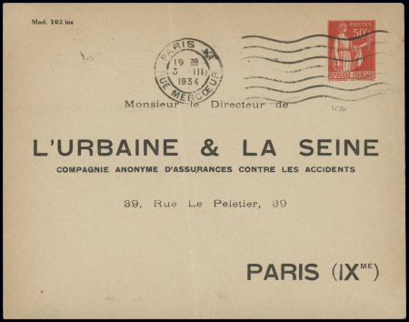 Env TSC 50c Paix Urbaine & la Seine Paris (IXme) (PAI B6 F1) obl (1934). TB