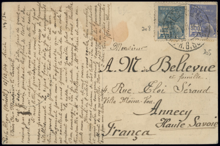 CP nouvel an Air France avec carte de France rouge et griffe "Entièrement transporté par avion de Porto Alegre" (CAF n°14). TB