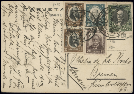 CP nouvel an Air France du Chili (avion Air France s'envolant au-dessus de la mer dans un ciel orange). Ecrite côté vue (CAF n°15 Chili 1934)