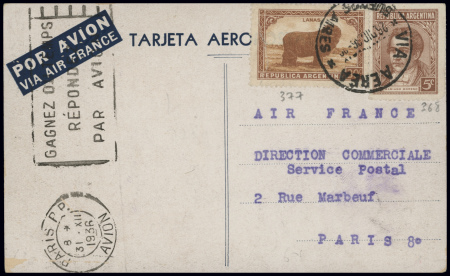 2 CP nouvel an Air France d'Uruguay et d'Argentine (31.12.36) : avion Potez en vol (CAF n°26). TB