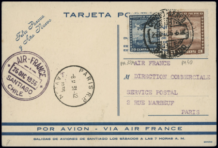 CP nouvel an bleue du Chili (avion Potez au sol) obl Santiago 27.12.36 (CAF n°23A). TB