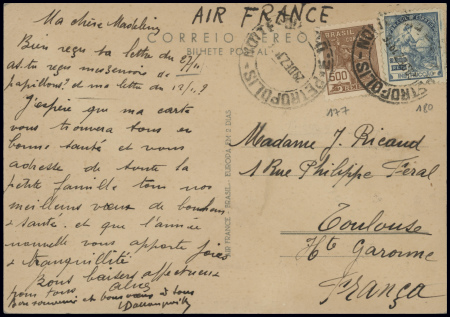 CP nouvel an : trimoteur Dewoitine survolant la baie de Rio dans un ciel étoilé obl 27.12.38 (CAF n°29 Brésil). TB