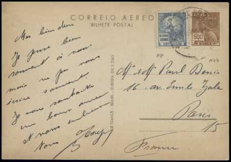 CP nouvel an : trimoteur Dewoitine survolant la baie de Rio dans un ciel étoilé obl 27.12.38 (CAF n°29 Brésil). TB