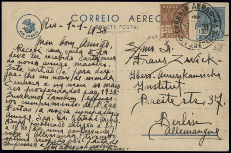 CP nouvel an Air France avec carte de France rouge et couleur jaune au lieu de verte (CAF n°22 Brésil) obl Rio 1.1.38. Rare et TB