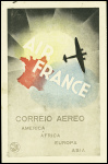 CP nouvel an Air France avec carte de France rouge et couleur jaune au lieu de verte (CAF n°22 Brésil) obl Rio 1.1.38. Rare et TB