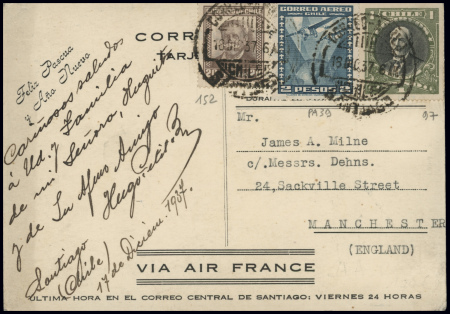 CO nouvel an Air France (trimoteur et boussole) avec au verso instructions en noir obl 13.12.37 (CAF Chili n°27A). Rare et TB