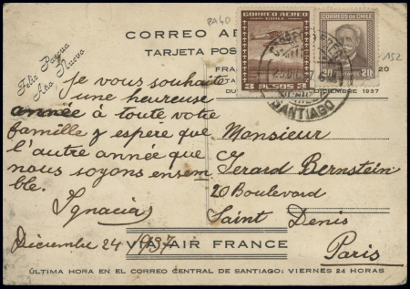 CO nouvel an Air France (trimoteur et boussole) avec au verso instructions en noir obl 13.12.37 (CAF Chili n°27A) avec inscriptions manuscrites côté vue. Rare et TB