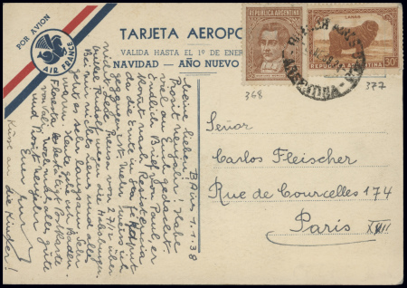 CP nouvel Air France (trimoteur et boussole) avec bandeau tricolore au verso obl Buenos Aires 2.1.38 (CAF n°27 Argentine). TB