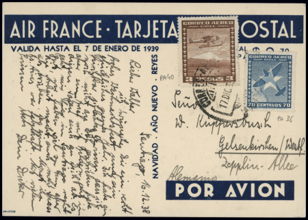 CP nouvel an Air France : trimoteur D338 survolant un gaucho avec mention "1939" modèle pour le Chili obl 17.12.39 (CAF n°28A Chili). TB