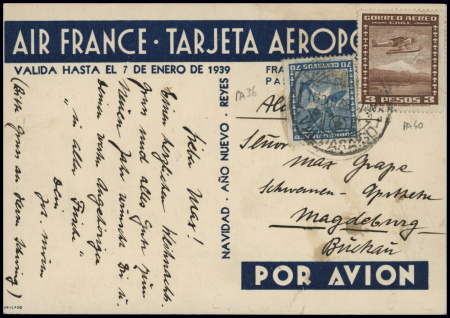 CP nouvel an Air France : trimoteur D338 survolant un gaucho avec mention "1939" modèle pour le Chili obl 17.12.39 (CAF n°28A Chili). TB