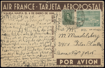 4 CP nouvel an Air France : trimoteur D338 survolant un gaucho avec mention "1939"  avec impression brune pour l'Argentine (3) et l'Uruguay (1). Bel ensemble