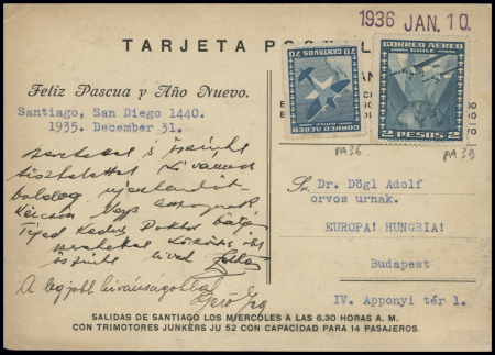 CP nouvel an "Via Condor" : illustration en noir (trimoteur survolant les Andes) provenance Santiago pour Budapest (31.12.1935). TB