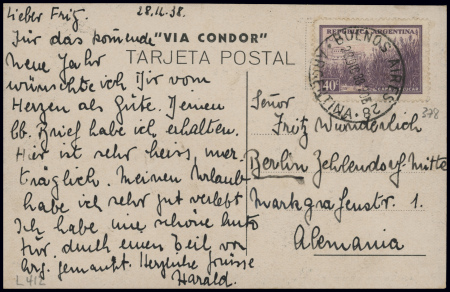 CP nouvel an "Via Condor-Lufthansa" : trimoteur noir et blanc sur planisphère bleue avec formule de vœux "Felices fiestas" AFF Argentine n°378 obl Buenos Aires (28.12.38). TB