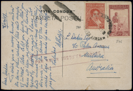 CP nouvel an bleu clair et argenté avec trimoteur "Feliz navidad y prospero and nuevo - via Condor" AFF Argentine n°370 + 376 obl Buenos Aires (8.12.37) adressée en Australie avec griffe encadrée violette "par avion jusq